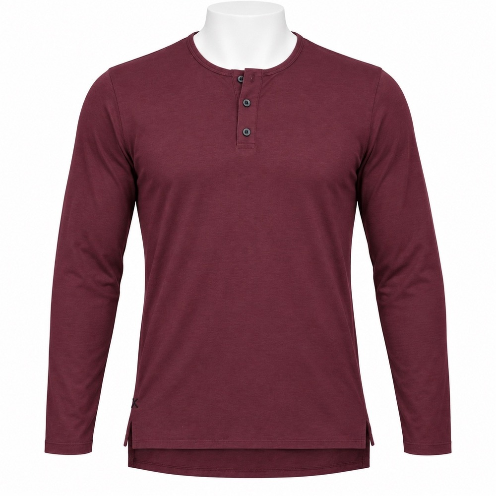Cuts Split Hem Henley Size S Burgundy PYCA Slim Fit Athleisure Activewear Modern